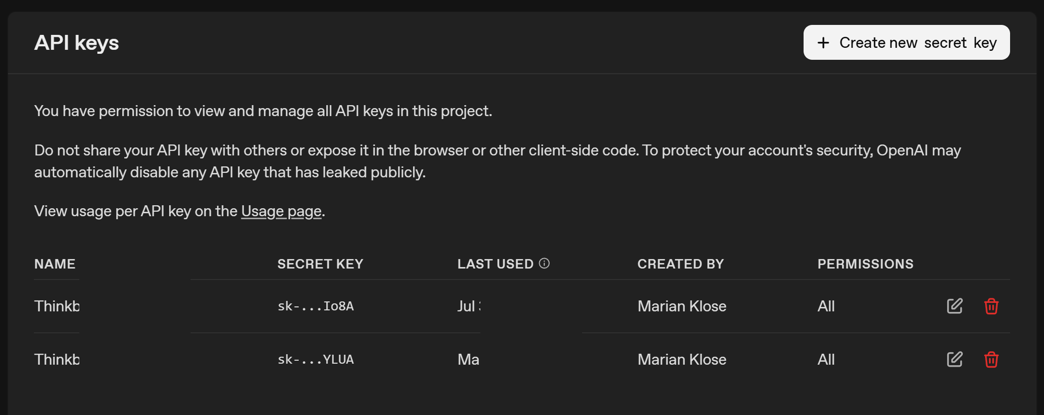 A screenshot of the API keys dashboard.